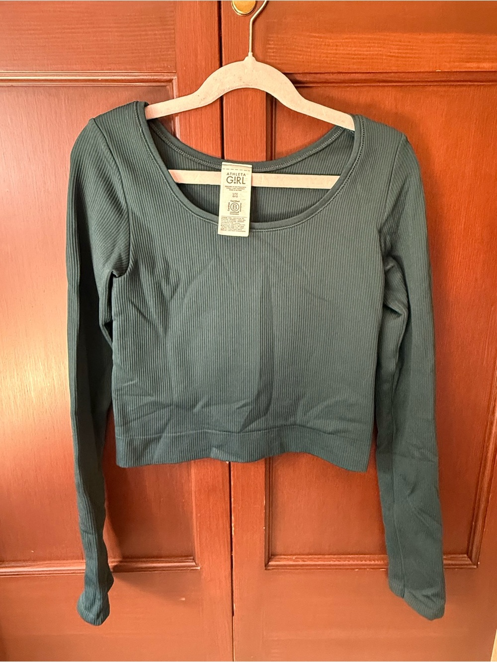 Athleta Dark Green Crop Ribbed Long-Sleeve Scoop Neck Top